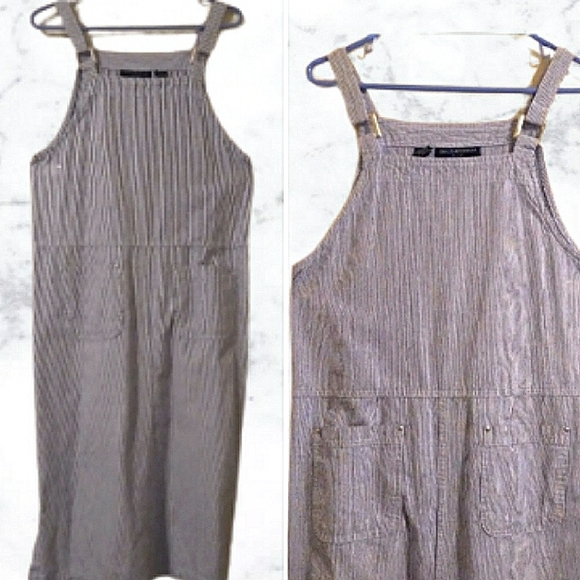 Y2K Mountain Lake Striped Denim Overall Dress Size Medium Petite - Picture 9 of 16